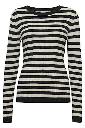 ICHI IHMAFA LS7 Damen T-Shirt Kurzarm Shirt gestreifter Strickpullover mit Rundhalsausschnitt Slim-fit, Größe:2XL, Farbe:Black (194008) von ICHI