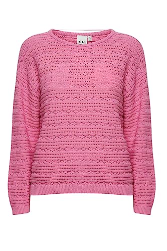 ICHI IHMARION LS4 Damen Strickpullover Feinstrick Pullover 100% Baumwolle Strickpullover mit Rundhalsausschnitt Regular-Fit, Größe:M, Farbe:Super Pink (172625) von ICHI