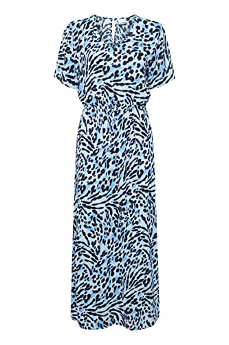 ICHI IHMARRAKECH AOP DR13 Damen Freizeitkleid Kleid 100% Viskose EcoVero Maxikleid mit Flügelärmeln und Schlitzen V-Ausschnitt Kurzarm Regular-Fit, Größe:M, Farbe:Little Boy Blue Leo Print (201893) von ICHI