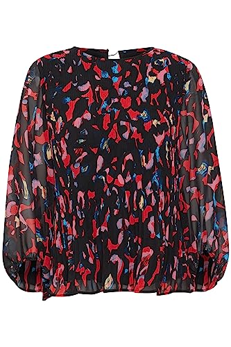ICHI IHNALLA LS Damen Lange Bluse Langarm Bauschärmel Rundhalsausschnitt transparente Ärmel Regular Fit, Größe:36, Farbe:Poppy Red Print Mix 1 (201725) von ICHI