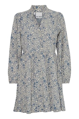 ICHI IHQWISSA Damen Kleid Freizeitkleid Midikleid mit V-Ausschnitt Knopfverschluss Rüsschen 100% Baumwolle Regular fit, Größe:36, Farbe:Blue Mirage Flower AOP (203423) von ICHI