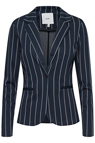 ICHI IHRUTI BL7 Damen Blazer Kurzblazer Jacke gestreifter Ein-Knopf-Blazer mit Stretch und Reverskragen, Größe:L, Farbe:Total Eclipse (194010) von ICHI