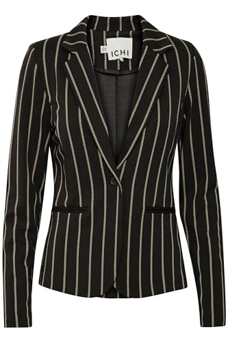 ICHI IHRUTI BL7 Damen Blazer Kurzblazer Jacke gestreifter Ein-Knopf-Blazer mit Stretch und Reverskragen, Größe:M, Farbe:Black (194008) von ICHI