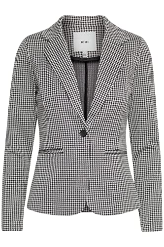 ICHI IHRUTI BL8 Damen Blazer Kurzblazer Jacke Karierter EIN-Knopf-Blazer mit Stretch und Reverskragen, Größe:L, Farbe:Black (194008) von ICHI