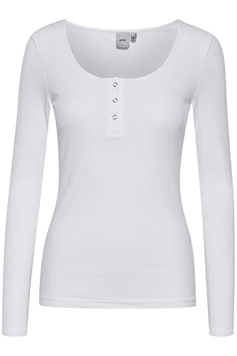 ICHI IHSUPER LS Damen Longsleeve Langarmshirt Shirt Basic Rippshirt mit Langem Ärmeln und geknöpftem Ausschnitt Figurbetontes Regular Fit, Größe:S, Farbe:Bright White (110601) von ICHI