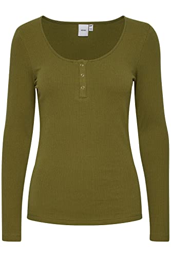 ICHI IHSUPER LS Damen Longsleeve Langarmshirt Shirt Basic Rippshirt mit Langem Ärmeln und geknöpftem Ausschnitt Figurbetontes Regular Fit, Größe:L, Farbe:Avocado (180430) von ICHI