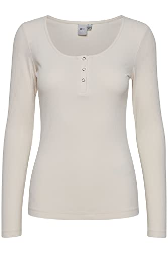 ICHI IHSUPER LS Damen Longsleeve Langarmshirt Shirt Basic Rippshirt mit Langem Ärmeln und geknöpftem Ausschnitt Figurbetontes Regular Fit, Größe:L, Farbe:Crystal Gray (133801) von ICHI