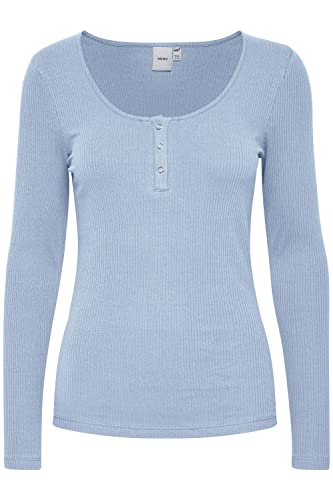 ICHI IHSUPER LS Damen Longsleeve Langarmshirt Shirt Basic Rippshirt mit Langem Ärmeln und geknöpftem Ausschnitt Figurbetontes Regular Fit, Größe:XL, Farbe:Forever Blue (164019) von ICHI