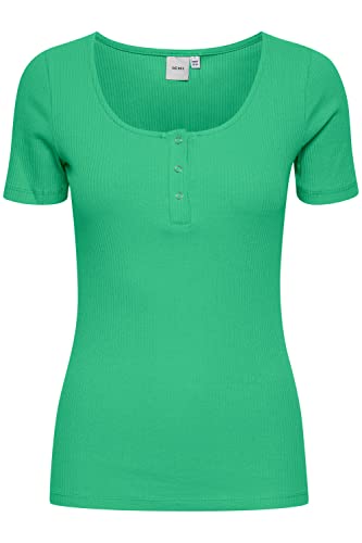 ICHI IHSUPER SS2 Damen T-Shirt Kurzarm Shirt Rippshirt mit kurzer Knopfleiste Slim Fit, Größe:S, Farbe:Holly Green (165932) von ICHI