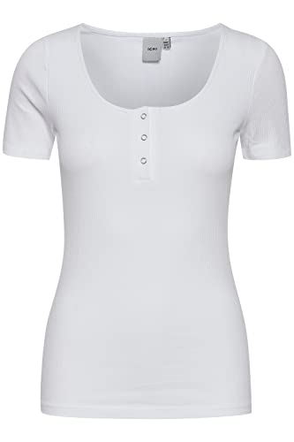 ICHI IHSUPER SS2 Damen T-Shirt Kurzarm Shirt Rippshirt mit kurzer Knopfleiste Slim Fit, Größe:XS, Farbe:Bright White (110601) von ICHI