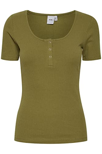 ICHI IHSUPER SS2 Damen T-Shirt Kurzarm Shirt Rippshirt mit kurzer Knopfleiste Slim Fit, Größe:M, Farbe:Avocado (180430) von ICHI