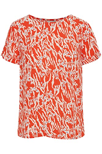 ICHI IHVERA SS14 Damen Kurze Bluse Kurzarm Shirtbluse mit Rundhalsausschnitt Nachhaltige zertifizierte EcoVero Viskose Regular Fit, Größe:38, Farbe:Mandarin Red (171562) von ICHI