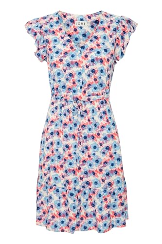 ICHI IHVERA Damen Kleid Blusenkleid Freizeitkleid Gemustert mit Bindeband Rüsschen V-Ausschnitt Regular fit, Größe:36, Farbe:Multi Flower AOP (203046) von ICHI