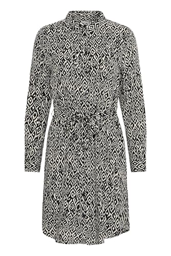 ICHI IHVERA Damen Kleid Midikleid Freizeitkleid mit Bindeband Umlegekragen Knöpfen Regular fit, Größe:40, Farbe:Black Ikat AOP (203344) von ICHI