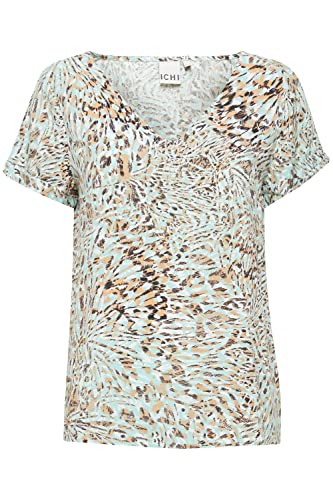 ICHI IHVERA V SS2 Damen Kurze Bluse Kurzarm Viskose Blusen-T-Shirt mit V-Ausschnitt Regular Fit, Größe:44, Farbe:Eggshell Blue AOP (202004) von ICHI