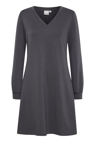 ICHI IXSvala Damen Kleid Sweatkleid Midikleid mit V-Ausschnitt Rippbündchen leicht elastisch Regular fit, Größe:S, Farbe:Phantom (194205) von ICHI
