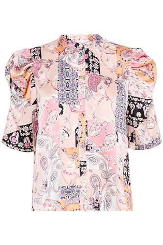 Ichi IXNINA Damen Bluse Shirt Kurzarmbluse mit Knöpfen Puffärmel Regular fit, Größe:40, Farbe:Pink Lady Patch Print (204564) von ICHI