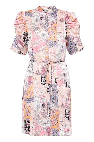 Ichi IXNINA Damen Kleid Midikleid Freizeitkleid mit Puffärmel Knöpfen Bindeband Regular fit, Größe:36, Farbe:Pink Lady Patch Print (204564) von ICHI