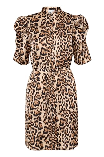 Ichi IXNINA Damen Kleid Midikleid Freizeitkleid mit Puffärmel Knöpfen Bindeband Regular fit, Größe:40, Farbe:Stucco Leo Print (202333) von ICHI