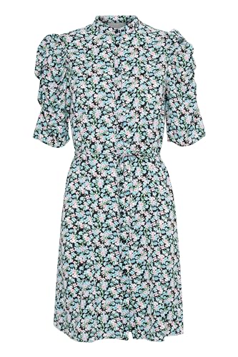 Ichi IXNINA Damen Kleid Midikleid Freizeitkleid mit Puffärmel Knöpfen Bindeband Regular fit, Größe:40, Farbe:Total Eclipse w. Blue Flowers (204390) von ICHI