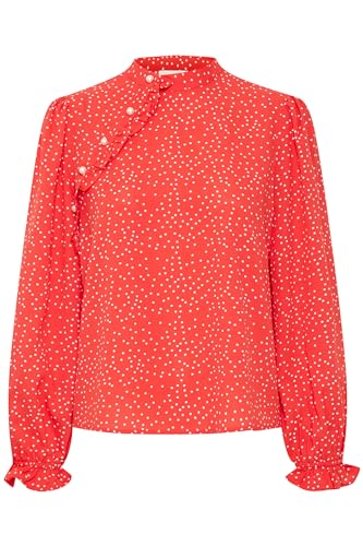 Ichi IXTANYA LS Damen Bluse Blusenshirt mit Rüsschen Perlenknöpfe Regular fit, Größe:40, Farbe:Racing Red (191763) von ICHI