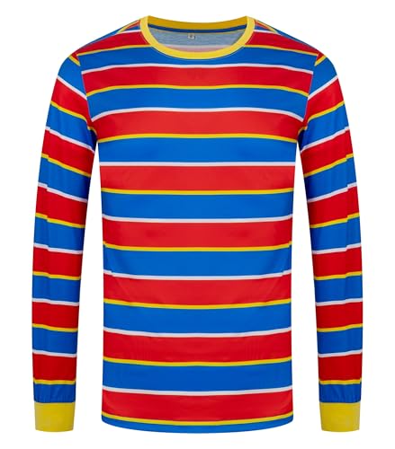 80 90er Jahre Erwachsene Herren Hals Pullover Shirt Kostüm Cosplay Streifen Langarmshirt, Rotblau, XX-Large von ICHIHSUE