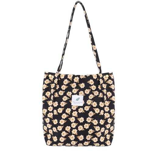 Groß Umhängetasche Damen Cord Ultraleicht Crossbody Tasche Schultertaschen Handtasche Canvas Tasche Shopper Bag Fashion Stofftasche für Alltag College Reisen Einkaufen（Schwarze Blumen） von ICKEYOU