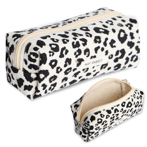 ICKEYOU Mäppchen Cord-Stoff Mädchen Teenager Stiftetasche Stiftemappe Pencil Case Federtasche Schreibwaren Organizer Tasche Große Speicherkapazität Federmäppchen für Schule Büro(Weiß Leopardenmuster) von ICKEYOU