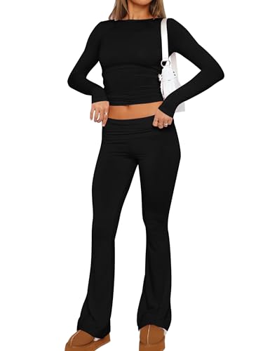 ICOBID Damen 2-teiliges Outfit Solid Basic Langarm Crop Top und ausgestellte Leggings Niedrige Taille Yogahose Set Trainingsanzug, Schwarz, S von ICOBID
