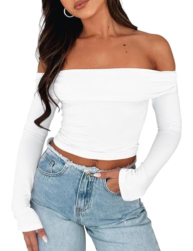 ICOBID Damen Y2K Schulterfreies Crop Top Foldover Langarm Crop Tees Geraffte Slim Fit T-Shirt Ausgehen Herbst Outfits, Weiss/opulenter Garten, Mittel von ICOBID