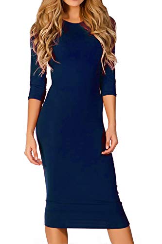 ICONOFLASH Damen 3/4 Arm Bodycon Midi Kleid Rundhals Taillierte Kleider mit Übergröße Optionen - Blau - Groß von ICONOFLASH