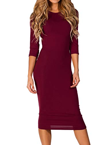 ICONOFLASH Damen 3/4 Arm Bodycon Midi Kleid Rundhals Taillierte Kleider mit Übergröße Optionen - Rot - Groß von ICONOFLASH