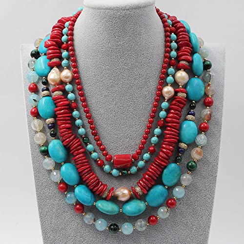 ICXLPMC 5 Rows Freshwater Pearl Tiger eye Red Coral Lapis Crystal Statement Necklace For Women ICXLPMC 5 Rows Freshwater Pearl Tiger eye Red Coral Lapis Crystal Statement Necklace For Women von ICXLPMC
