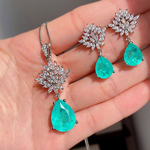 ICXLPMC 925 Sterling Silber Paraiba Turmalin Erstellt Moissanite Ohrringe/Halskette/Anhänger Edles Schmuckset for Frauen erfüllen (Color : 45cm, Size : Jewelry set) von ICXLPMC