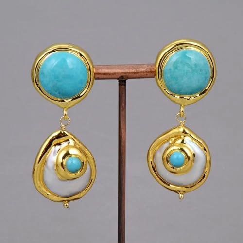 ICXLPMC Cultured Baroque Coin Pearl Gold Edge Plated Blue Necklace Bracelet Earrings Set For Women (Earrings) von ICXLPMC
