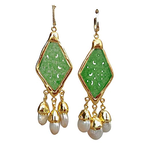ICXLPMC Green Rhombus Jade Carved Cultured White Freshwater Pearl Dangle Stud Earrings vintage style for women ICXLPMC Green Rhombus Jade Carved Cultured White Freshwater Pearl Dangle Stud Earrings vintage style for women von ICXLPMC