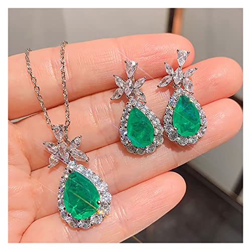 ICXLPMC Luxus 925 Sterling Silber Hochzeitsschmuck Sets for Frauen Vintage 10 * 14mm Paraiba Turmalin Smaragd Ohrringe Anhänger Halskette erfüllen (Color : 45cm, Size : Green Earrings) von ICXLPMC