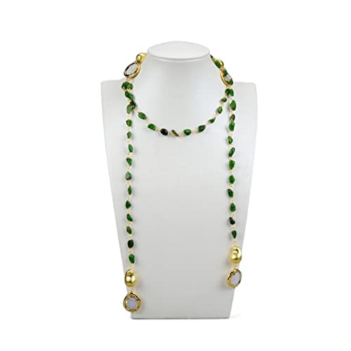 ICXLPMC Mode-Accessoires Schmuck Natürliche grüne Diopside Stein kultivierte weiße Münzperle lange Pulloverkette Halskette 41 Zoll for Frauen erfüllen von ICXLPMC