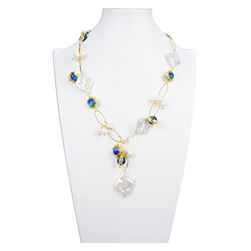 ICXLPMC Mode-Accessoires Schmuck natürliches Süßwasser kultivierte weiße Keshi-Perle blaue Muranoglas-Halskette 21 Zoll handgefertigt for Frauen erfüllen von ICXLPMC