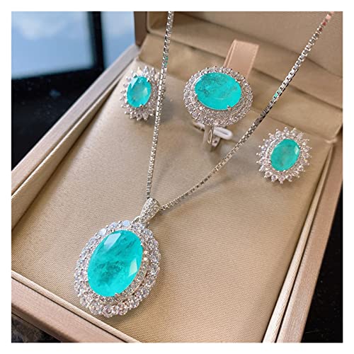 ICXLPMC Vintage massives 925 Sterling Silber Paraiba Turmalin Gesmtone Anhänger/Halskette/Ohrringe/Ring Edles Schmuckset for Frauen erfüllen (Color : 45cm-resizable, Size : Necklace) von ICXLPMC