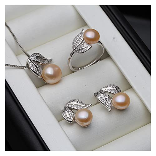 ICXLPMC Schwarze Perlenkette Ohrringe Schmucksets for Frauen, 925er Sterlingsilber-Blattperlen-Set erfüllen (Size : Pink pearl set) von ICXLPMC