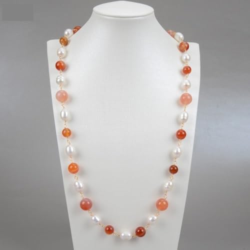 ICXLPMC White Rice Pearl Red Agate Carnelian Sweater chain Long Necklace For Women ICXLPMC White Rice Pearl Red Agate Carnelian Sweater chain Long Necklace For Women von ICXLPMC