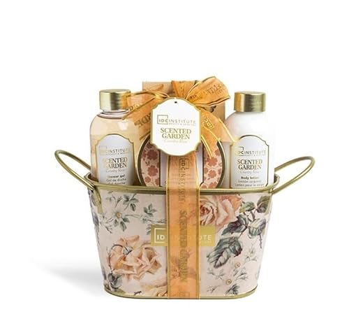IDC Institute Scented Garden Tin Box Geschenkset 4-teilig mit Duschgel, Körpercreme, Badesalz und Handcreme, Duft Landrose von IDC INSTITUTE