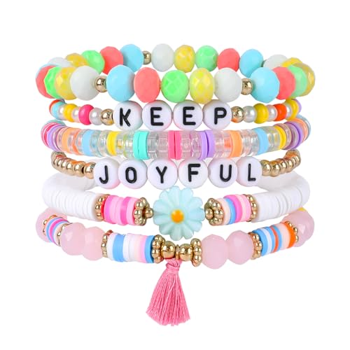 Inspirierende Armbänder aus Ton für Damen und Mädchen, adrettes Surfer-Heishi-Armband-Set, Macaron-Farben, stapelbare Armbänder, bunt, elastisch, Freundschafts-Armbänder, Boho-Schmuck, Geschenk für von IDEAJOY