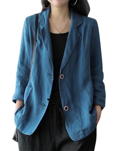 IDEALSANXUN, lässiger Damen-Blazer aus Baumwolle/Leinen, langärmelig, lockere Passform, Tiefes Blau, M IDEALSANXUN, lässiger Damen-Blazer aus Baumwolle/Leinen, langärmelig, lockere Passform, Tiefes Blau, M von IDEALSANXUN