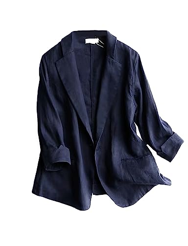 IDEALSANXUN Baumwolle Leinen Blazer Frauen 3/4 Ärmel Leichte Blazer Business Casual Anzug Jacken, Dunkelblau, S von IDEALSANXUN