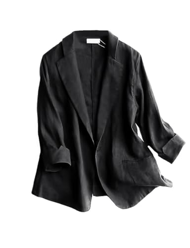 IDEALSANXUN Baumwolle Leinen Blazerjacke Anzugjacke Frauen 3/4 Ärmel Leichte Blazer Business Casual Anzug Jacken, Schwarz, M von IDEALSANXUN