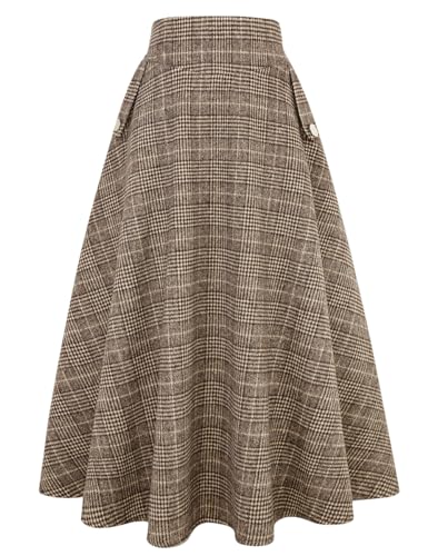 IDEALSANXUN Damen Herbst/Winter Hohe Taille Plaid Slim A-Linie Langer Rock, Kariertes Gitter Kaffee, Klein von IDEALSANXUN