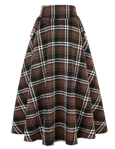 IDEALSANXUN Damen Herbst/Winter Hohe Taille Plaid Slim A-Linie Langer Rock, Plaid Coffee, Groß von IDEALSANXUN