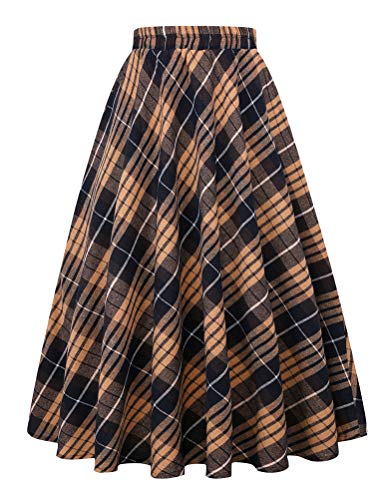 IDEALSANXUN Damen Plaid Rock Elastische Taille A-Linie Midi Faltenröcke, Gelb 01, Klein von IDEALSANXUN